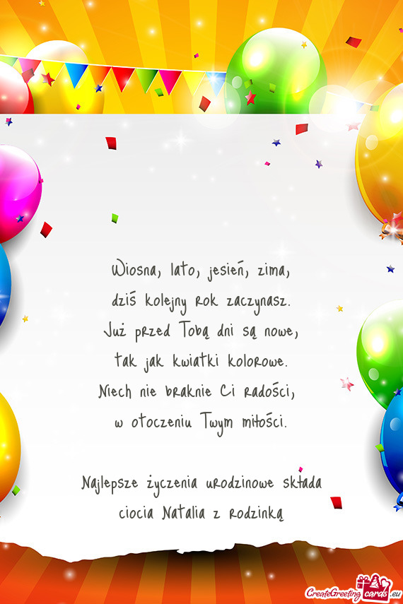 Najlepsze życzenia urodzinowe składa ciocia Natalia z rodzinką