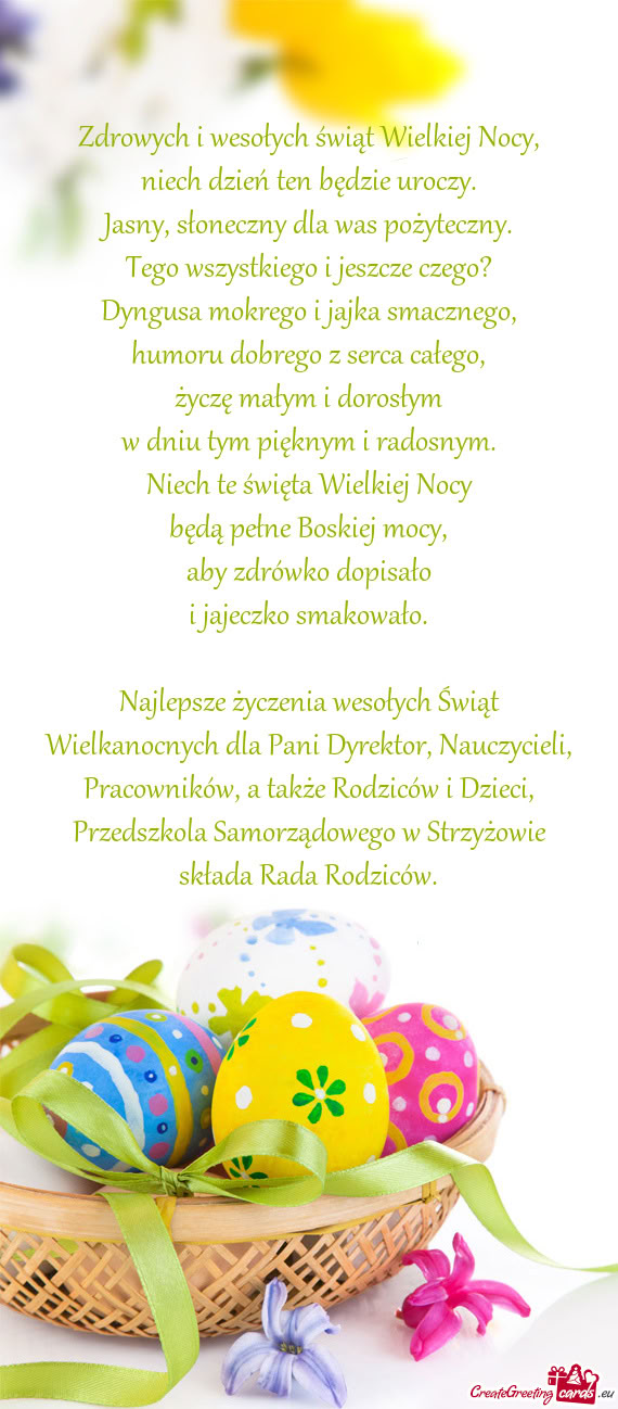 Najlepsze życzenia wesołych Świąt Wielkanocnych dla Pani Dyrektor, Nauczycieli, Pracowników, a