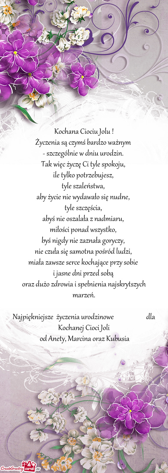 Najpiękniejsze życzenia urodzinowe      dla Kochanej Cioci Joli