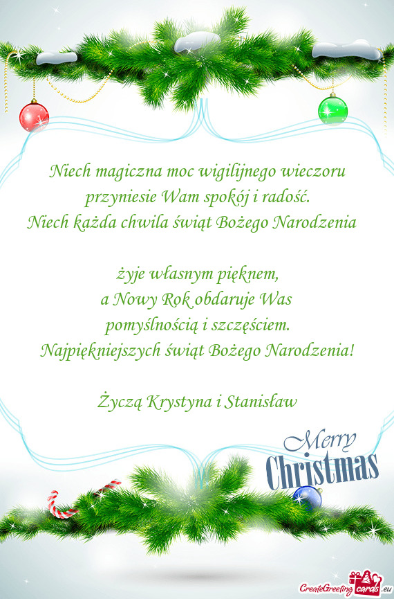 Najpiękniejszych świąt Bożego Narodzenia! Życzą Krystyna i Stanisław