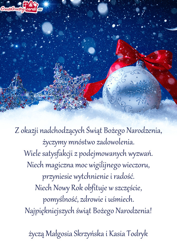 Najpiękniejszych świąt Bożego Narodzenia! życzą Małgosia Skrzyńska i Kasia Todryk