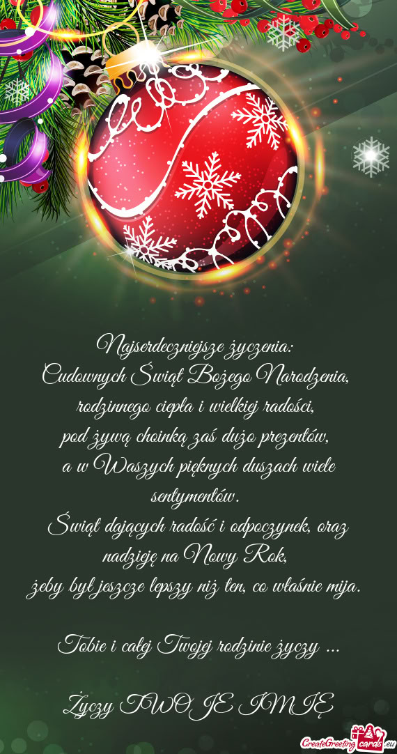 Najserdeczniejsze życzenia:   Cudownych Świąt Bożego Narodzenia,