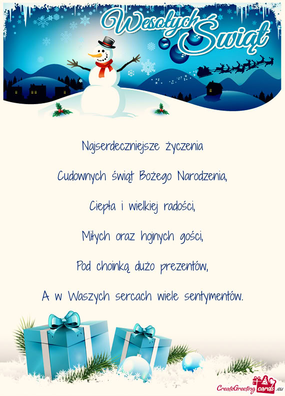 Najserdeczniejsze życzenia    Cudownych świąt Bożego Narodzenia,