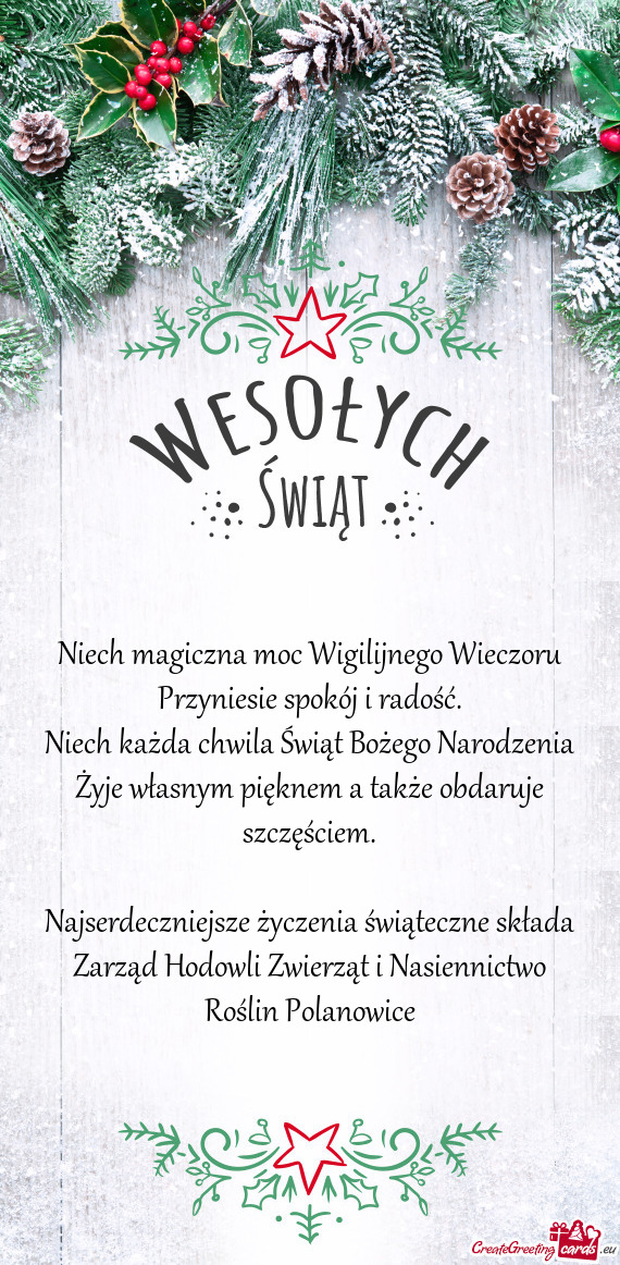 Najserdeczniejsze życzenia świąteczne składa Zarząd Hodowli Zwierząt i Nasiennictwo Roślin Po