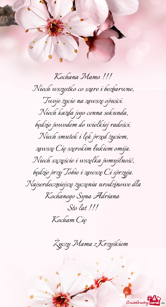 Najserdeczniejsze życzenia urodzinowe dla Kochanego Syna Adriana