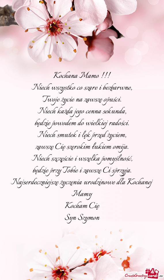Najserdeczniejsze życzenia urodzinowe dla Kochanej Mamy Kocham Cię Syn Szymon