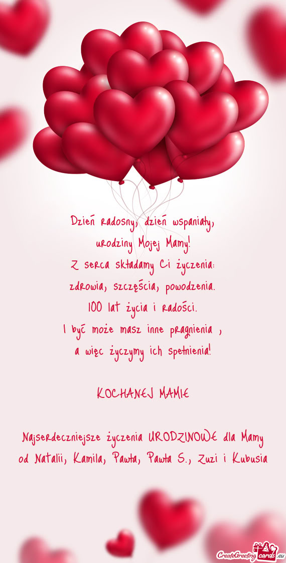 Najserdeczniejsze życzenia URODZINOWE dla Mamy od Natalii, Kamila, Pawła, Pawła S., Zuzi i Kubusi