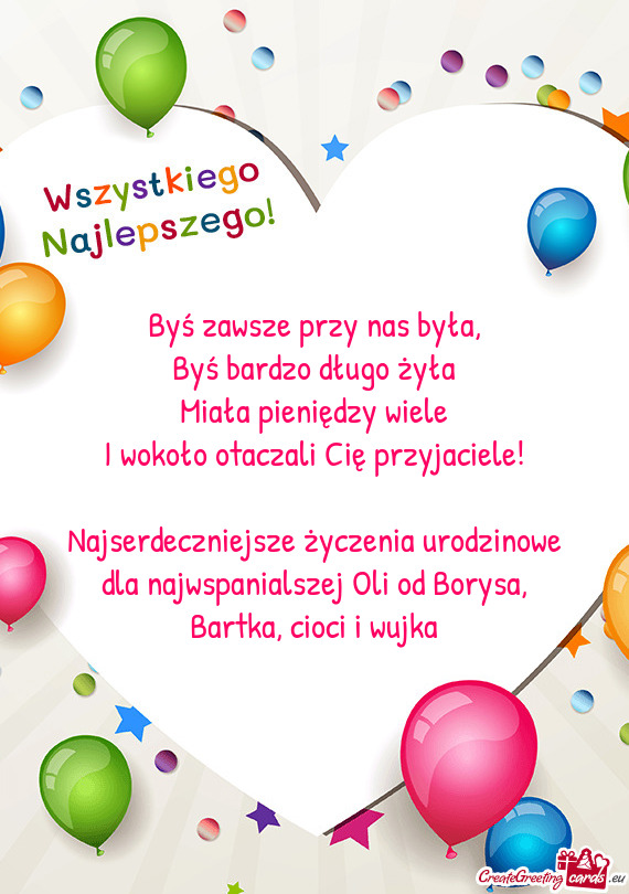 Najserdeczniejsze życzenia urodzinowe dla najwspanialszej Oli od Borysa, Bartka, cioci i wujka