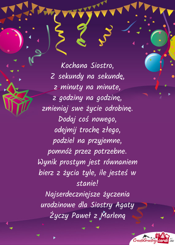 Najserdeczniejsze życzenia urodzinowe dla Siostry Agaty