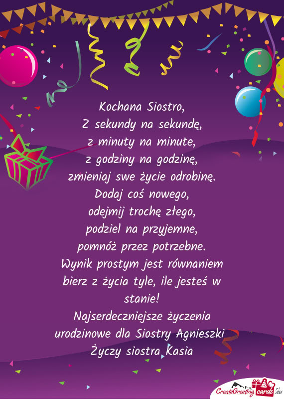 Najserdeczniejsze życzenia urodzinowe dla Siostry Agnieszki