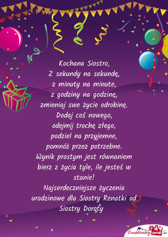 Najserdeczniejsze życzenia urodzinowe dla Siostry Renatki od Siostry Doroty🥰