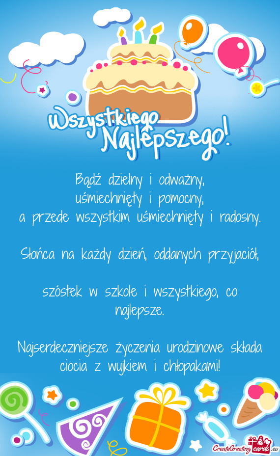 Najserdeczniejsze życzenia urodzinowe składa ciocia z wujkiem i chłopakami