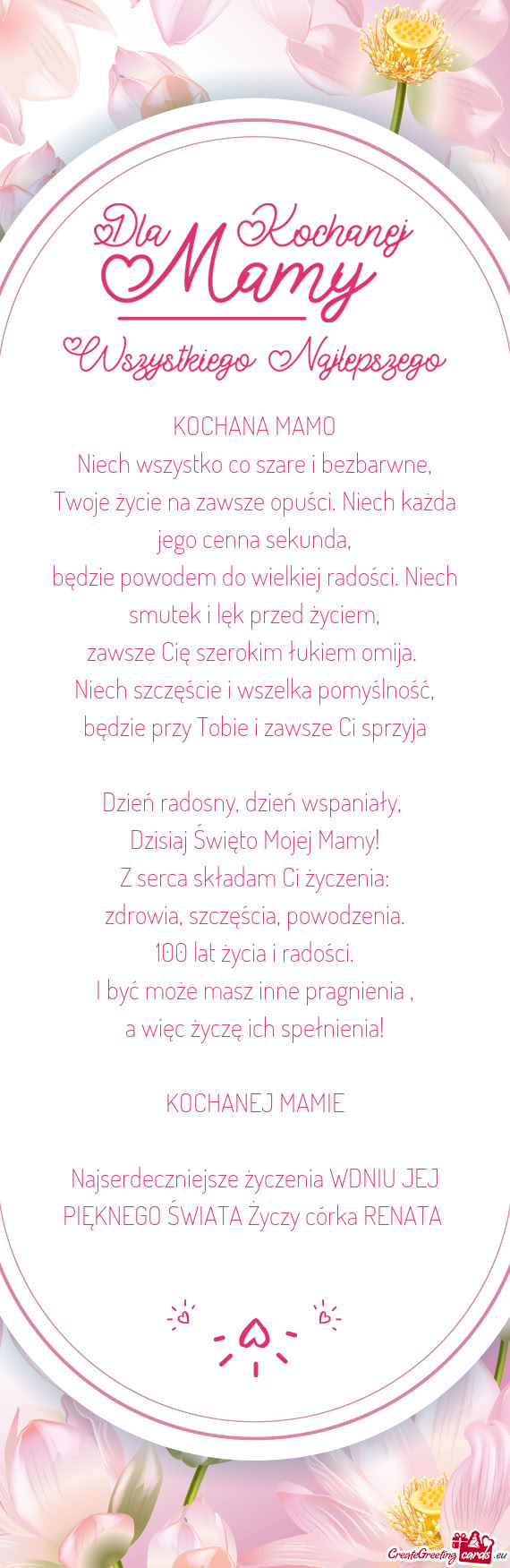 Najserdeczniejsze życzenia WDNIU JEJ PIĘKNEGO ŚWIATA córka RENATA 🩷🌺🌹🌸❤️