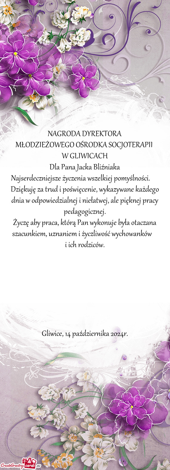 Najserdeczniejsze życzenia wszelkiej pomyślności.  Dziękuję za trud i poświęcenie, wykaz