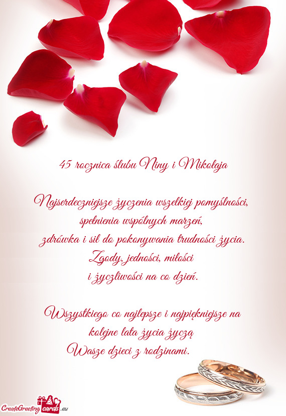 Najserdeczniejsze życzenia wszelkiej pomyślności, spełnienia wspólnych marzeń
