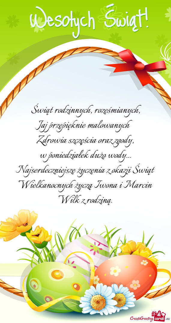 Najserdeczniejsze życzenia z okazji Świąt Wielkanocnych życzą Iwona i Marcin Wilk z rodziną