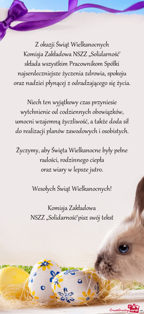 Najserdeczniejsze życzenia zdrowia, spokoju oraz nadziei płynącej z odradzającego się życia