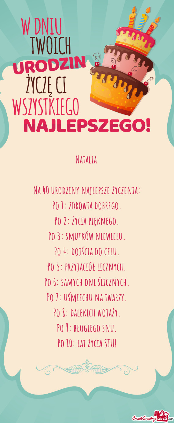 Natalia  Na 40 urodziny najlepsze życzenia