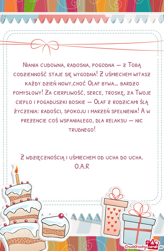 Niania cudowna, radosna, pogodna — z Tobą codzienność staje się wygodna! Z uśmiechem witasz