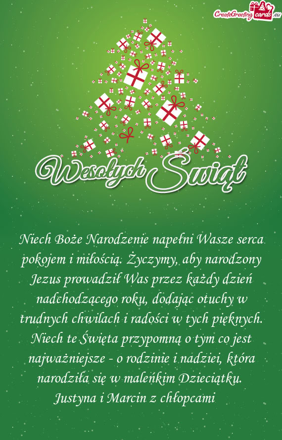 Niech Boże Narodzenie napełni Wasze serca pokojem i miłością. Życzymy, aby narodzony Jezus pro