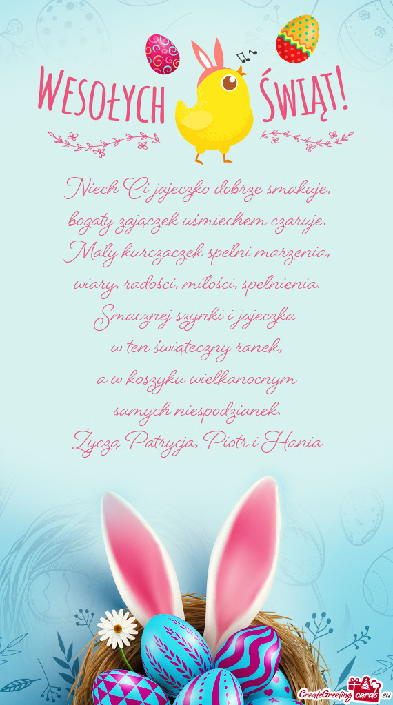 Niech Ci jajeczko dobrze smakuje,  bogaty zajączek uśmiechem czaruje.  Mały
