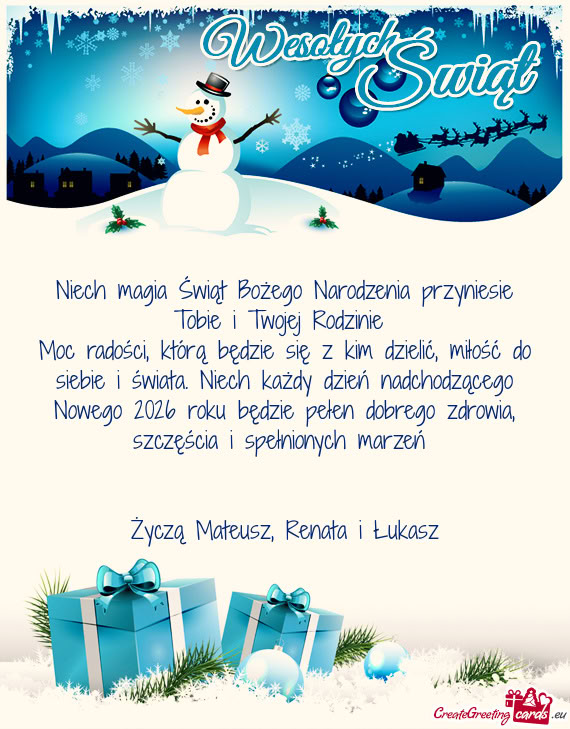 Niech magia Świąt Bożego Narodzenia przyniesie Tobie i Twojej Rodzinie