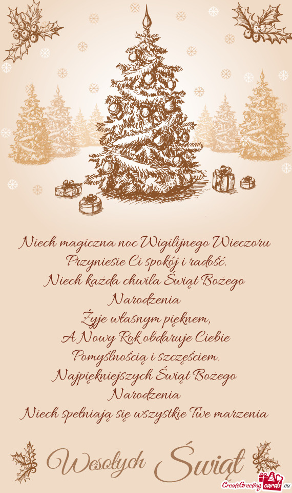 Niech magiczna noc Wigilijnego Wieczoru  Przyniesie Ci spokój i radość.