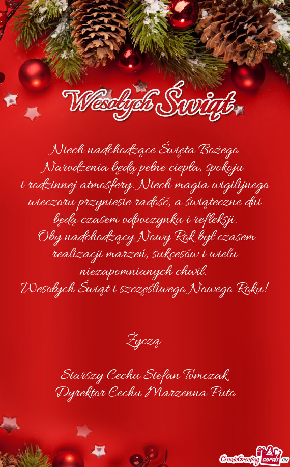 Niech nadchodzące Święta Bożego Narodzenia będą pełne ciepła, spokoju