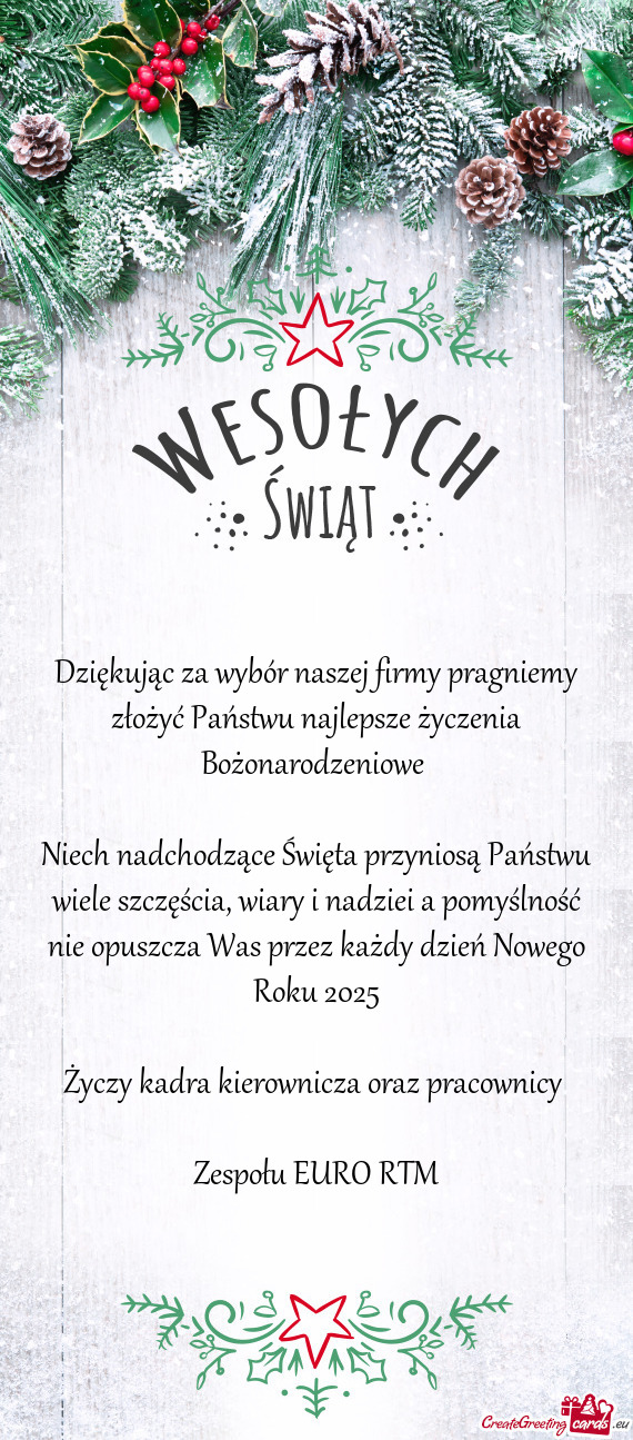 Niech nadchodzące Święta przyniosą Państwu wiele szczęścia, wiary i nadziei a pomyślność n