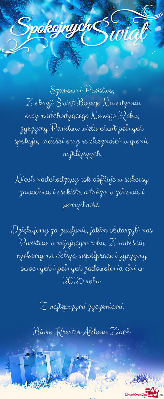 Niech nadchodzący rok obfituje w sukcesy zawodowe i osobiste, a także w zdrowie i pomyślność