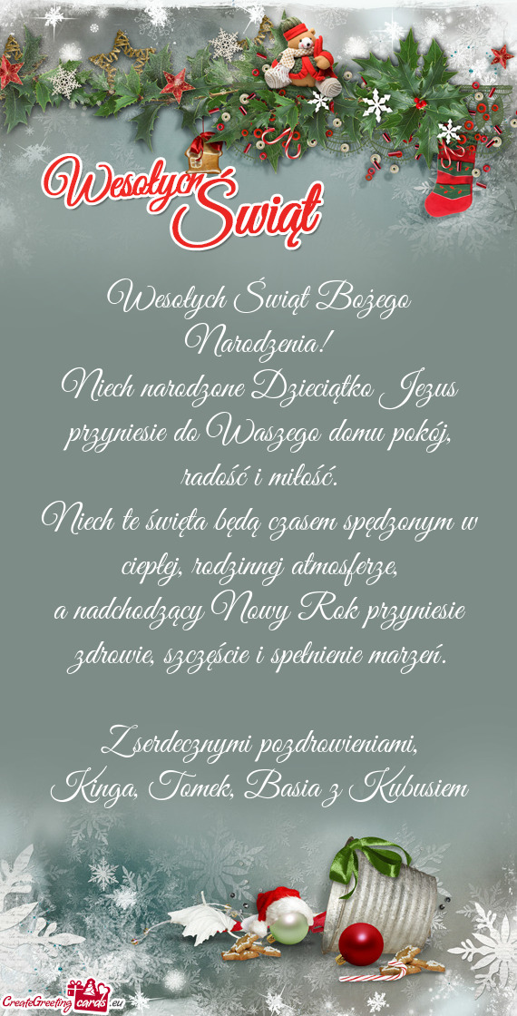 Niech narodzone Dzieciątko Jezus przyniesie do Waszego domu pokój, radość i miłość