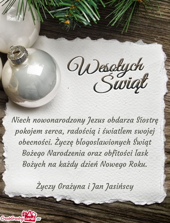 Niech nowonarodzony Jezus obdarza Siostrę pokojem serca, radością i światłem swojej obecności