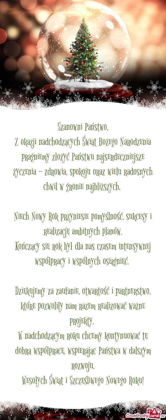 Niech Nowy Rok przyniesie pomyślność, sukcesy i realizację ambitnych planów