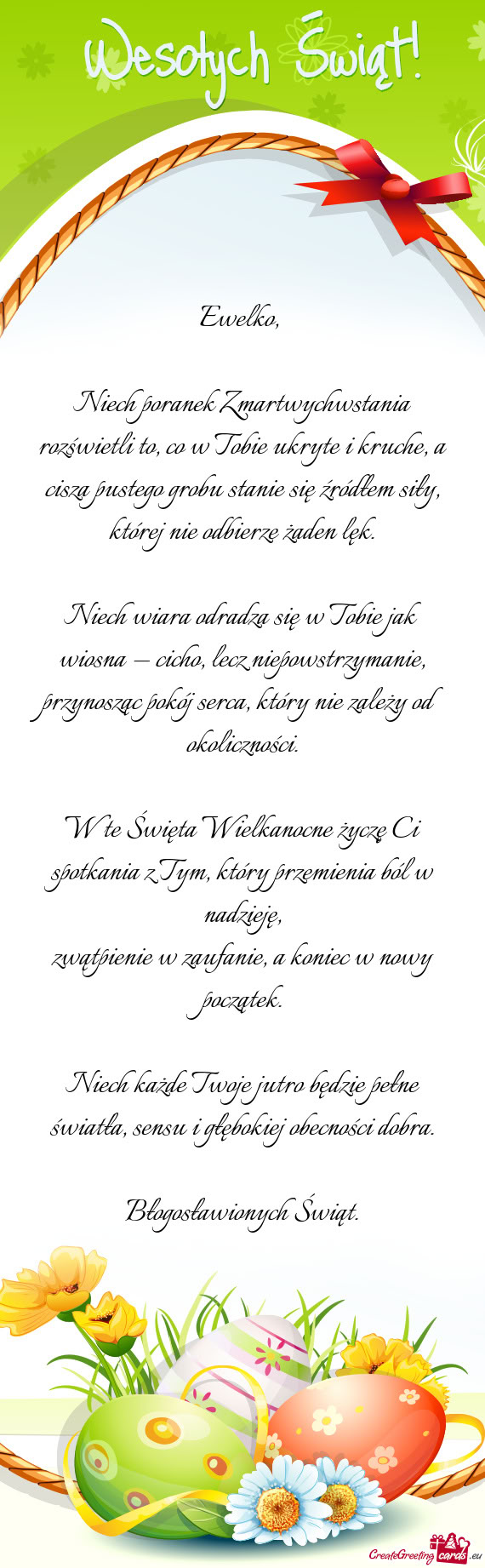 Niech poranek Zmartwychwstania rozświetli to, co w Tobie ukryte i kruche, a cisza pustego grobu sta