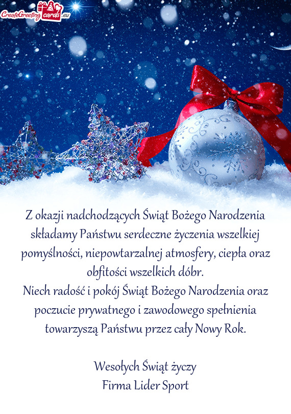 Niech radość i pokój Świąt Bożego Narodzenia oraz poczucie prywatnego i zawodowego spełnienia