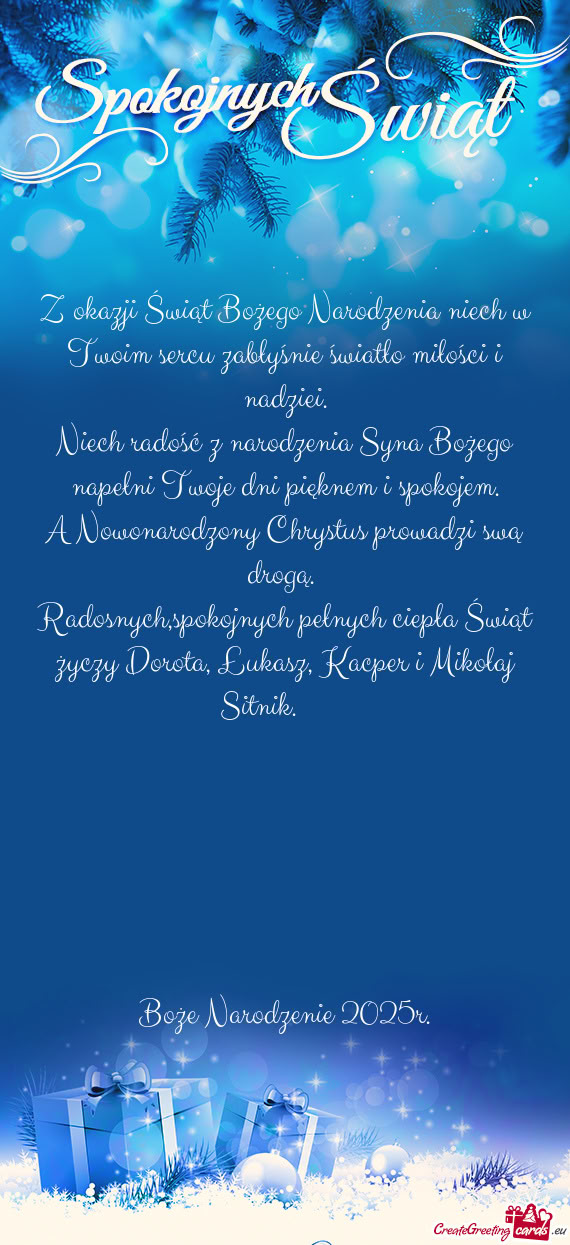 Niech radość z narodzenia Syna Bożego napełni Twoje dni pięknem i spokojem