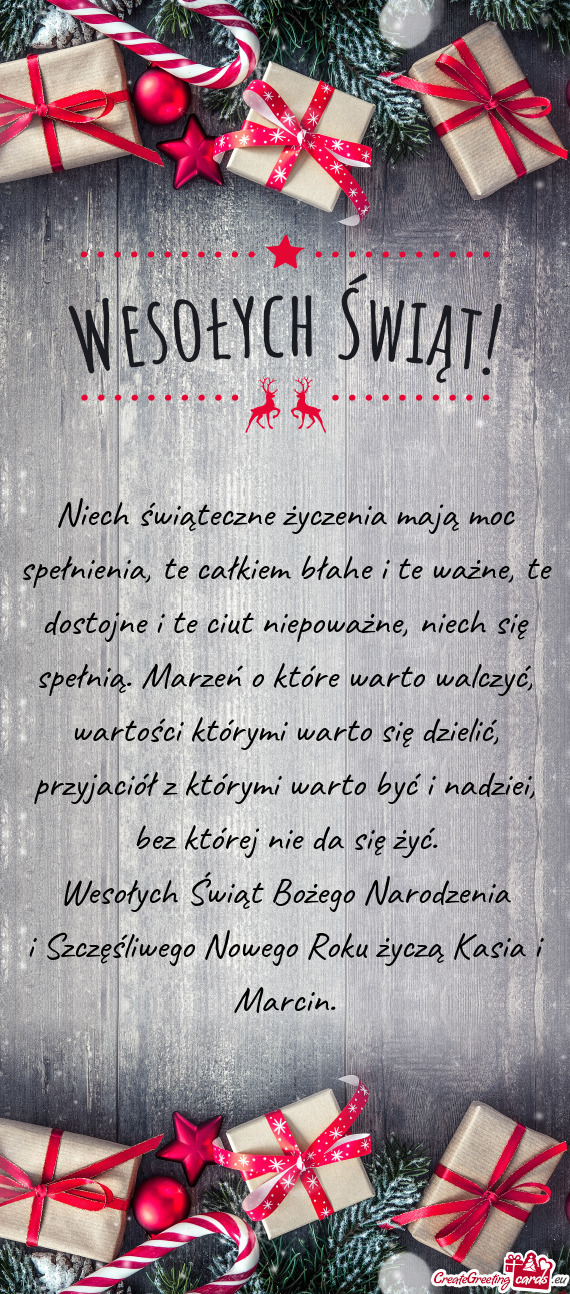 Niech świąteczne życzenia mają moc spełnienia, te całkiem błahe i te ważne, te dostojne i te