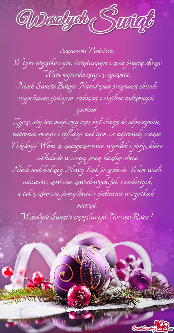 Niech Święta Bożego Narodzenia przyniosą chwile wypełnione spokojem, radością i ciepłem rodz