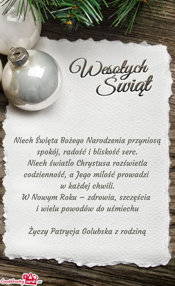 Niech Święta Bożego Narodzenia przyniosą spokój, radość i bliskość serc