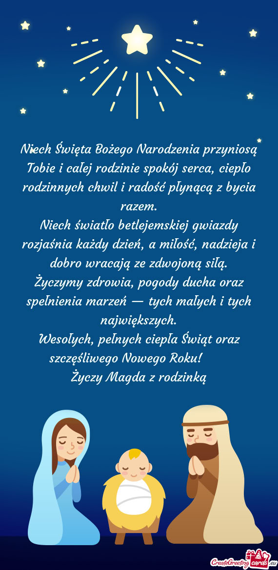 Niech Święta Bożego Narodzenia przyniosą Tobie i całej rodzinie spokój serca, ciepło rodzinny