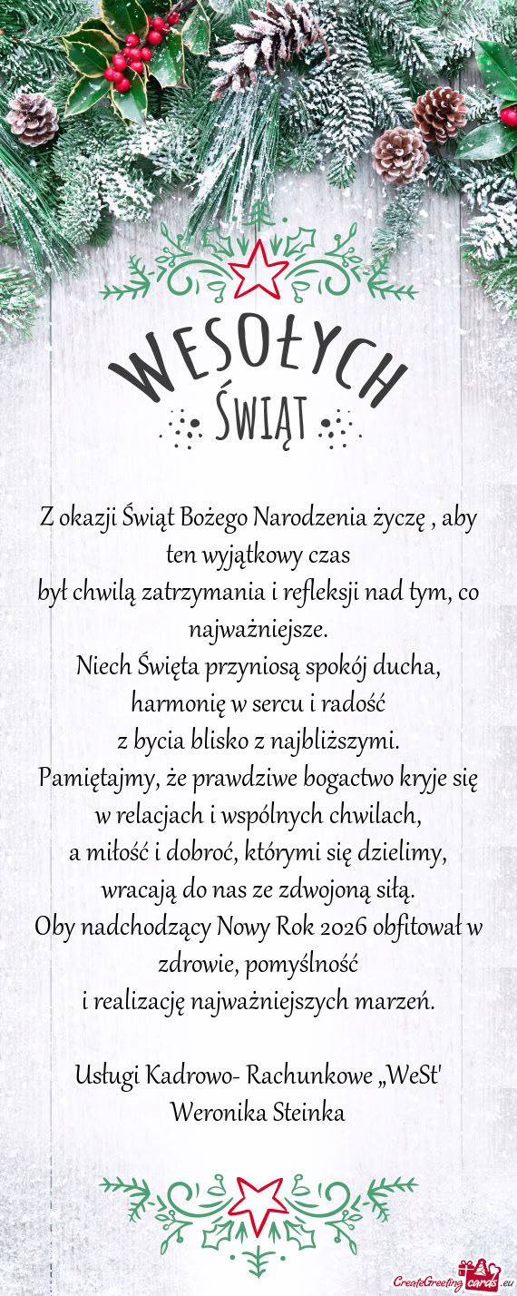 Niech Święta przyniosą spokój ducha, harmonię w sercu i radość