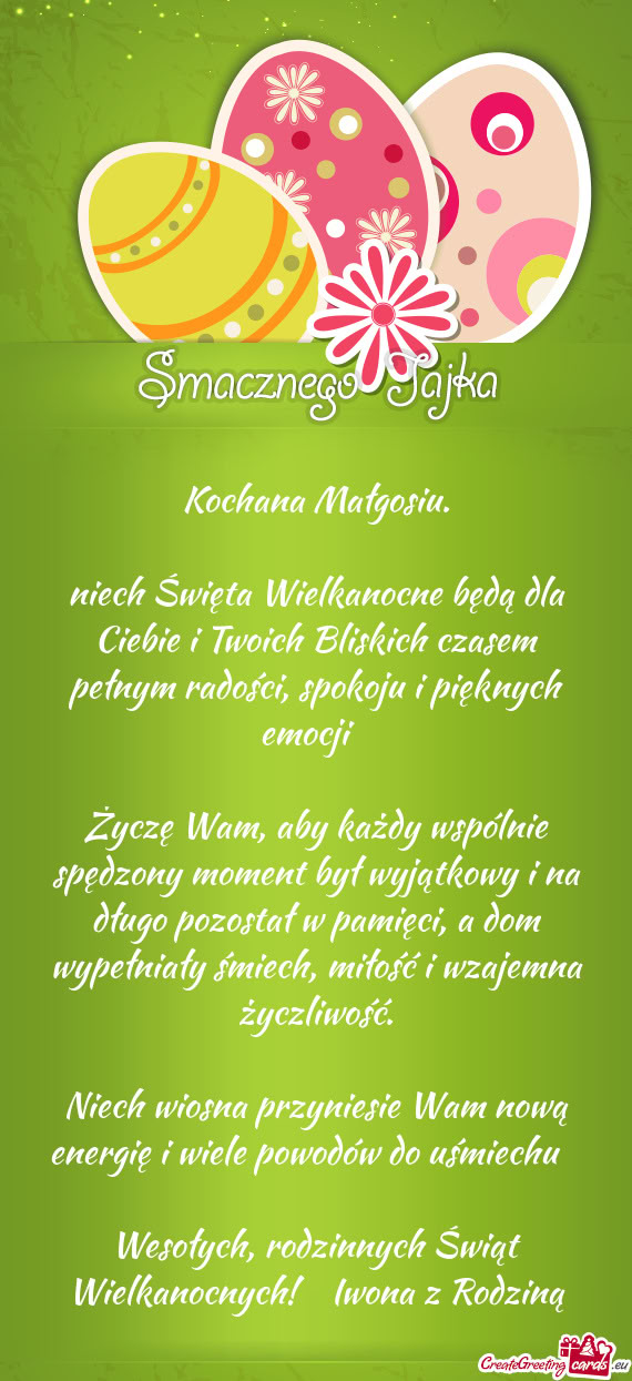 Niech Święta Wielkanocne będą dla Ciebie i Twoich Bliskich czasem pełnym radości, spokoju i pi
