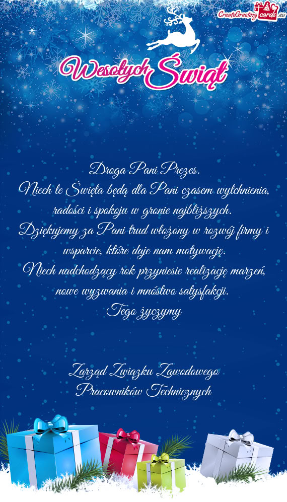 Niech te Święta będą dla Pani czasem wytchnienia, radości i spokoju w gronie najbliższych