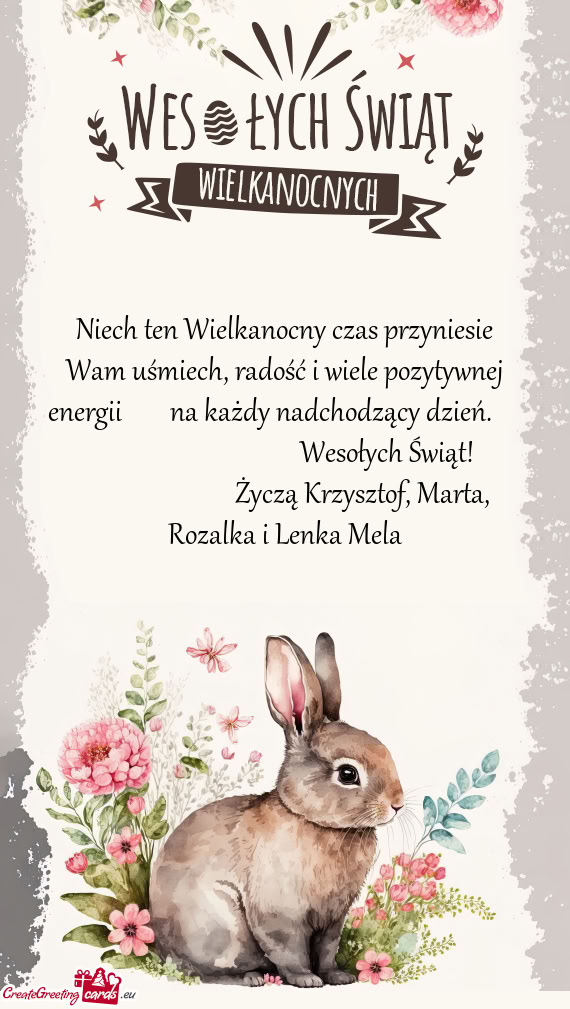Niech ten Wielkanocny czas przyniesie Wam uśmiech, radość i wiele pozytywnej energii  na ka