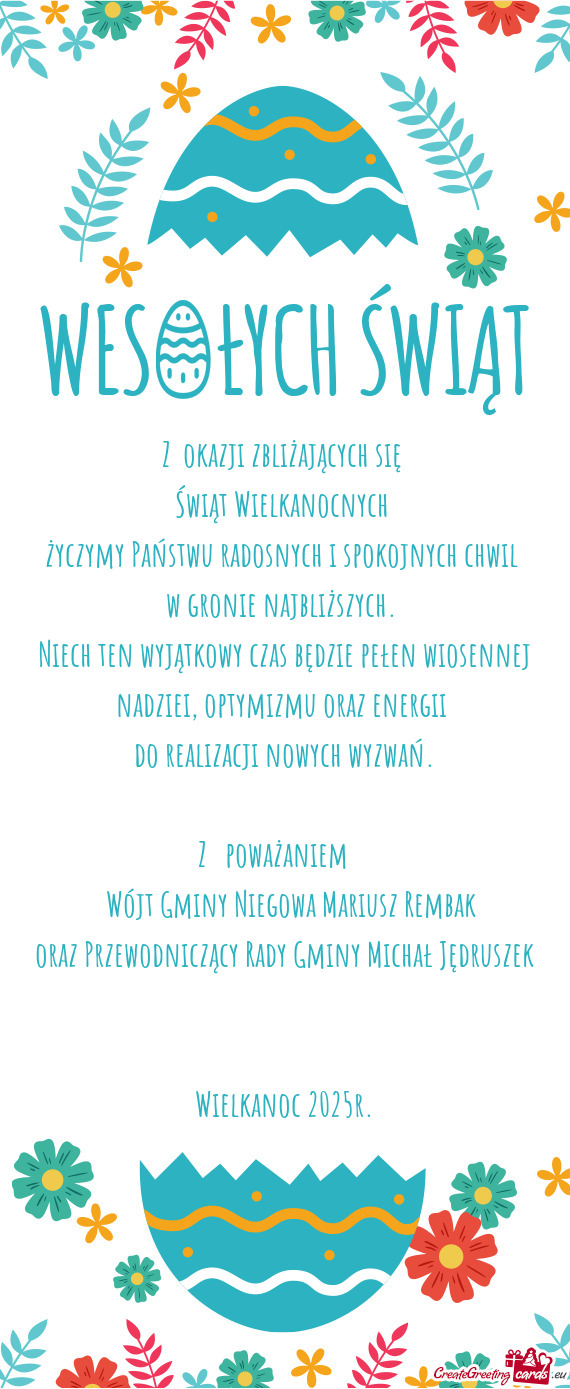 Niech ten wyjątkowy czas będzie pełen wiosennej nadziei, optymizmu oraz energii
