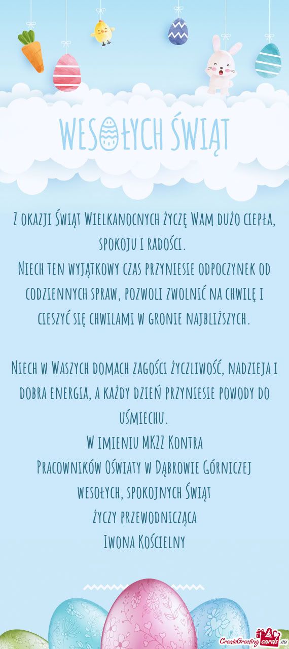 Niech ten wyjątkowy czas przyniesie odpoczynek od codziennych spraw, pozwoli zwolnić na chwilę i