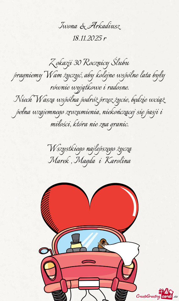 Niech Wasza wspólna podróż przez życie, będzie wciąż pełna wzajemnego zrozumienia, niekończ