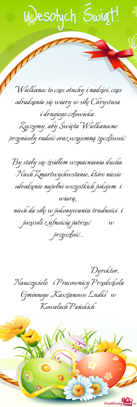 Niech Zmartwychwstanie, które niesie odrodzenie napełni wszystkich pokojem i wiarą