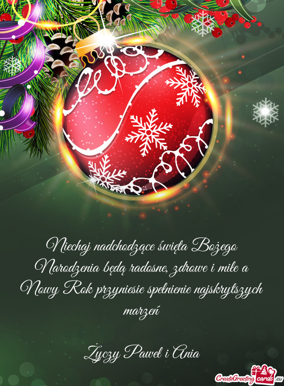 Niechaj nadchodzące święta Bożego Narodzenia będą radosne, zdrowe i miłe a Nowy Rok przyniesi