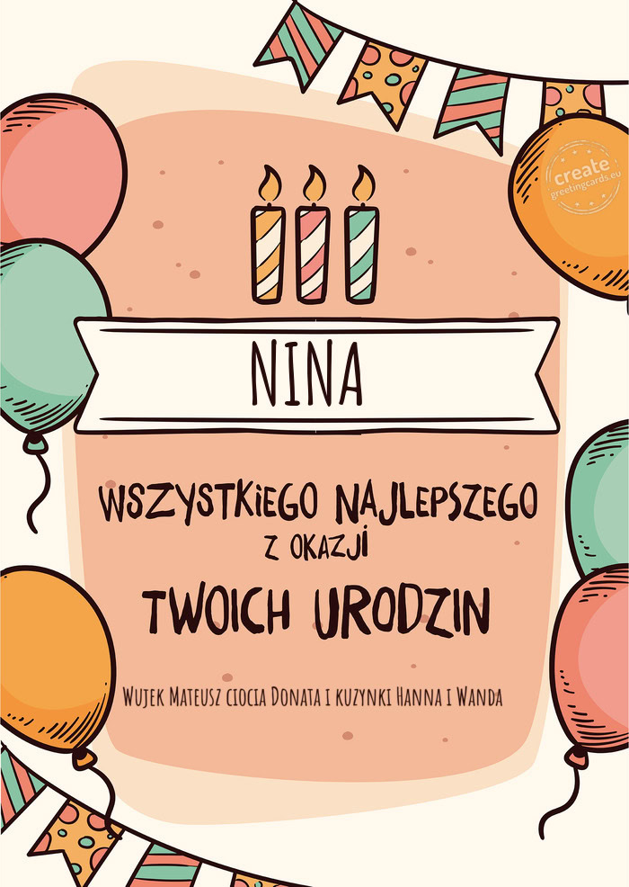 NINA Wszystkiego Najlepszego z okazji Twoich urodzin Wujek Mateusz ciocia Donata i kuzynki Hanna i W